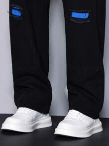 Manfinity Homme Men's Black Denim Carpenter Jeans: Stylish Ripped And Repaired Long Jeans With Blue Accents And Zipper Detail - Black - View 6