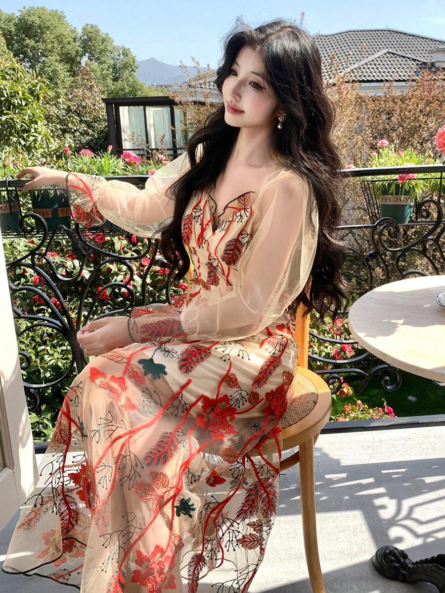 DAZY New Summer Elegant Vacation Style Midi Dress For Women Floral Boho - Apricot - View 1