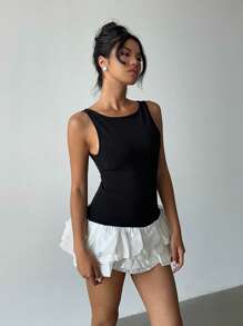 Aloruh Women's Contrast Color Ruffle Hem Mini Dress, Suitable For Party, Date, Daily Wear - Black and White - View 3