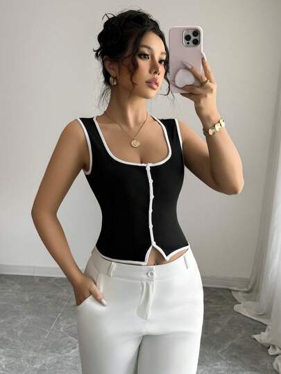 Elenzga Camiseta elegante de mujer con ribete de contraste, para el verano