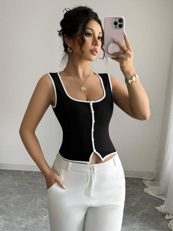 Elenzga Camiseta elegante de mujer con ribete de contraste, para el verano