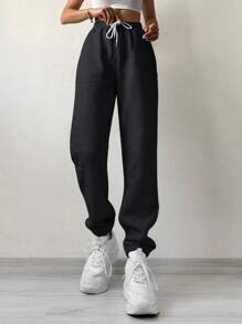 RueChic Cotton Solid Drawstring Waist Sweatpants - Dark Grey - View 3