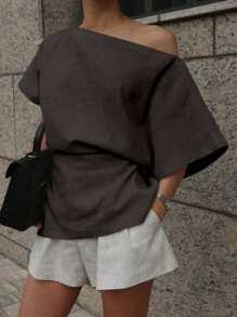 DAZY 女式纯色不对称领口蝙蝠袖休闲亚麻衬衫 Y2K - 深灰色 - 查看 4
