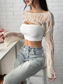 SHEIN EZwear Jersey de cuello de barco de manga larga sexy con unicolor y efecto desgastado para mujer