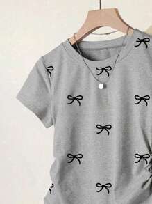 Tween Girls Casual Multi-Purpose Black Bow Print Short Sleeve T-Shirt - Light Grey - View 4