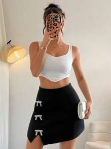 Gloray 女士蝴蝶结装饰时尚开衩短裙 - 黑色 - 查看 7