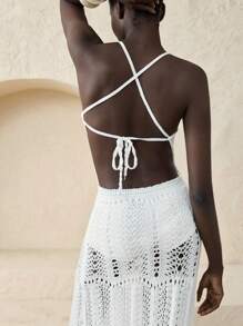 Ontre New 2025 Music Festival, Concert, Country Music Festival, Women's Music Event Dress, Vacation Style Apricot Halter Crochet Dress, Women's Cover-Up, Beachwear, Backless Spring/Summer Attire ,Country Concert Outfit - Apricot - View 6