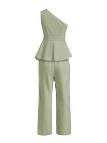Ellevyn 1pc Women 2 Pieces Set: Asymmetrical Ruffle Waist Jumpsuit - Mint Green - View 5