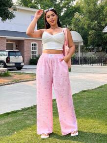 SHEIN EZwear Große Größen Lässig Schmetterling- & Gestreift-Muster Palazzo Hose für Damen - Verschiedenfarbig - Übersicht 5