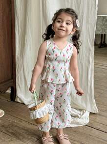 LMoss Kids 2 件装女婴雪纺 V 领碎花上衣和宽松休闲裤套装