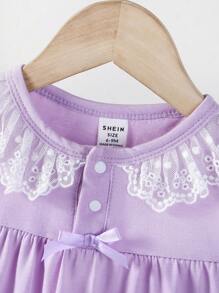 Pijama elegante de algodón para niña bebé con detalles de encaje en manga larga, ropa cómoda para el hogar en vacaciones de verano - Morado - Ver 4