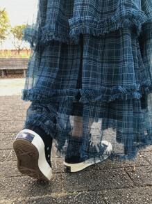 FRIFUL 女士蓝色格子薄纱高腰半身裙，甜美风格，适合娇小身材，春夏款 - 綠色 - 查看 6