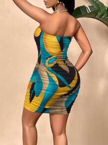 SOLERSUN 大码女式大理石印花露肩紧身派对礼服（随机花卉印花） - 黃色 - 查看 2