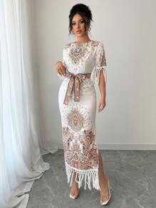 Rafferiza Round Neck Side Slit Hem Print Long Dress For Women - White - View 3