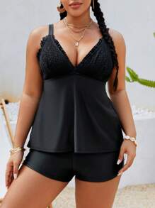 Slaydiva Plus Size Solid Color Shirred Front Design Tankini Swimsuit Set For Summer Beach Vacation - Black - View 6