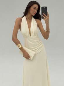 Aloruh 杏色新款露背性感优雅长款雪纺连衣裙，搭配系带和深 V 领，适合度假、夏季 - 杏色 - 查看 7