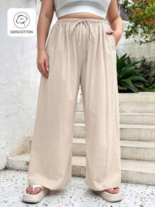SHEIN Essnce 大码女装夏季休闲度假宽松仿棉麻卡其色阔腿裤