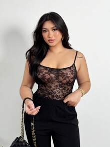 Firerie Plus Size Comfortable Casual Elegant Sexy Lace Camisole And Tank Top, Can Be Worn As Outerwear Or Layering, Women - Black - View 1