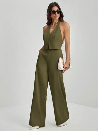 SHEIN Tall 办公室女士V领露背无袖上衣+阔腿裤修身加长套装