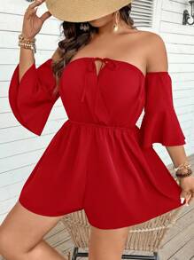 SHEIN VCAY Plus Size Women Off-Shoulder Solid Color Long Sleeve Jumpsuit Romper - Red - View 5
