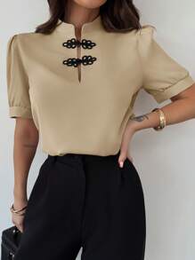 Firerie 女士优雅浪漫约会泡泡袖撞色纽扣衬衫，春夏，情人节 - 卡其色 - 查看 8