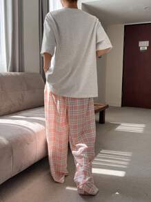 DAZY 宽松格子印花直筒睡衣套装，女士舒适家居服 - 灰色 - 查看 2