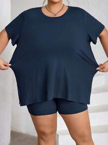 SHEIN CURVE+ 2pcs Plus Size Women's Round Neck Short Sleeve Top And Slim Fit Fashionable Shorts Set, Curve Plus, Boho Vacation Beach Outfits For Woman/Beach /Beach Vacation Outfits/Beach Essentials / Graduation/Tea Party  - Navy Blue - View 6