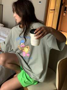 DAZY Tricou cu imprimeu de desene animate și pantaloni largi de pijama 2 buc. Costum de pijamă pentru femei