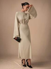 EURMUSE Solid Color Round Neck Pleated Elegant Long Sleeve Dress - Krem - View 4