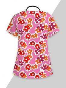 PopScrub Cute Cartoon Floral Print Colored Scrubs Tops In Pink, /Nursing Scrub Uniform - Multicolor - View 2