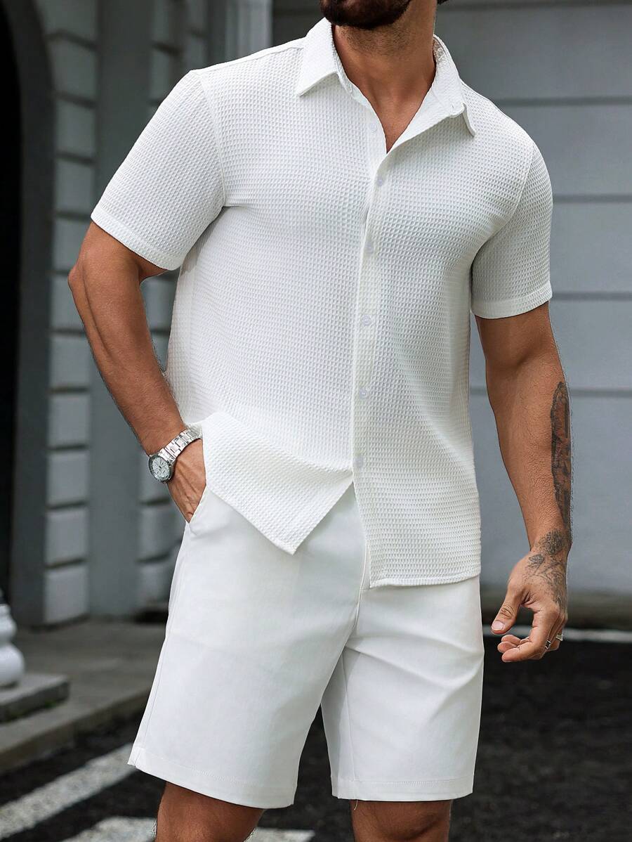 Manfinity CasualCool Men's Summer Casual Solid Color Short Sleeve Shirt And Shorts Set Work Shirts For Men Men Summer Outfits Men Shirt Co Ords Men Clothes Men Shirt Co Ords Sets For Men Men Shirt Co Ords