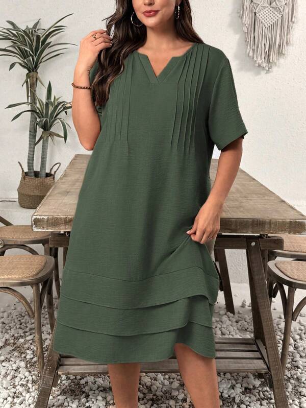 Linhara Plus Size Women Linen Blend Layered Splice Pleated Loose Dress, Spring/Summer