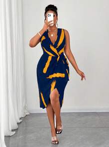 Maweii Plus Size Fashion Print Sleeveless V-Neck Dress - Blue - View 4