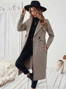 Vionelle Plus Size Women Autumn/Winter Classic Casual Minimalist Turndown Collar Cinched Waist Button Decor Pocket Woolen Mid-Length Coat Fall Cloth For Women