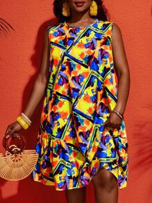 Slaydiva Plus Size Round Neck Sleeveless Printed Simple Casual Short Dress - Yellow - View 5