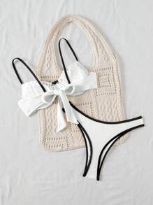 Swim Basics Women Contrast Color Trim Vacation Beach Swimsuit Set For Summer - Multicolor - View 2