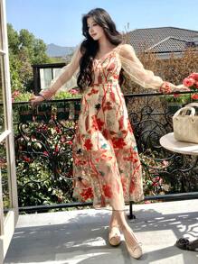 DAZY New Summer Elegant Vacation Style Midi Dress For Women Floral Boho - Apricot - View 5
