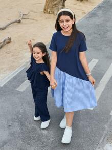 SHEIN Young Girl Woven Solid Color Round Neck Ruffle Trim Top And Woven Loose Wide-Leg Pants 2 Pieces Set