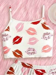 SHEIN 青少年女孩简约唇印休闲修身吊带背心和短裤睡衣套装，适合夏季 - 彩色 - 查看 4