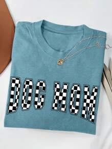 女士字母棋盘格印花休闲宽松圆领 T 恤 - 霧霾藍 - 查看 1