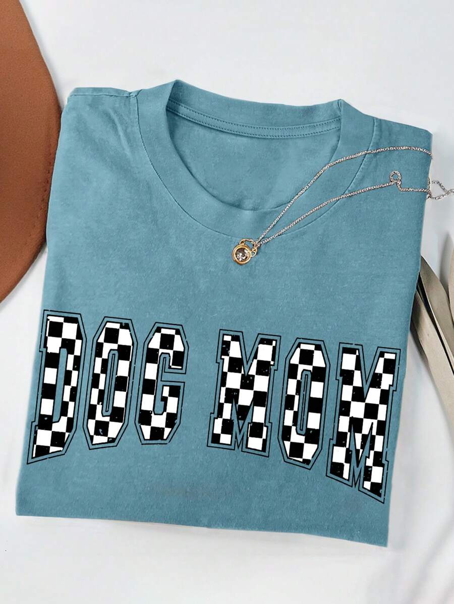 女士字母棋盘格印花休闲宽松圆领 T 恤 - 霧霾藍 - 查看 1