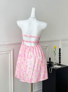 Comfortcana Vestido Curto sem Manga com Estampa Total e Desenho de Nó Torcido para Mulheres