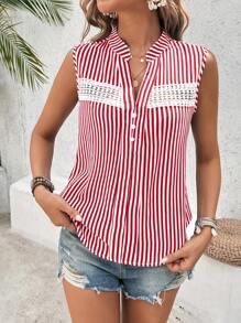 Breezaya Women's Sleeveless Striped Contrast Lace Button Down Blouse - Red - View 3