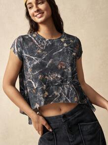 VARSIVA All-Over Print Round Neck Asymmetric Hem Summer Short Sleeve Sports T-Shirt - Multicolor - View 7