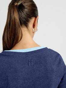 AiiRZ Ribbed Long Sleeve Casual Top With Baby Blue Trim Winter Basic Layer Double Neck Detail Fitted Workout Athletic Running Yoga Fall Essentials