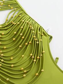 Swim Chiccia Traje de baño de una pieza con halter de unicolor, adornado con cuentas de metal dorado y borlas huecas, de estilo bohemio para el festival de primavera - Verde - Ver 6