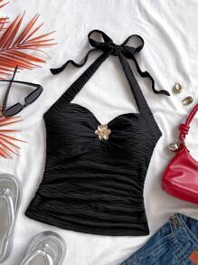 Soleia Urlaubs-Träger-Binde V-Ausschnitt Floral Metallschnalle Weiß Strick strukturiertes figurbetontes Trägertop, geeignet für Urlaub, Musikfestival, Boho, Feiertage, Dates, Nachmittagstee - Schwarz - Übersicht 7