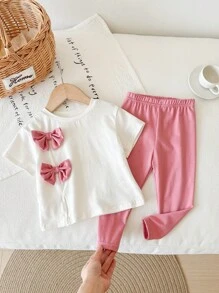 Baby Girl Cute Pink Bowknot Short Sleeve Top And Long Pants 2 Pieces Set, Summer - Multicolor - View 1