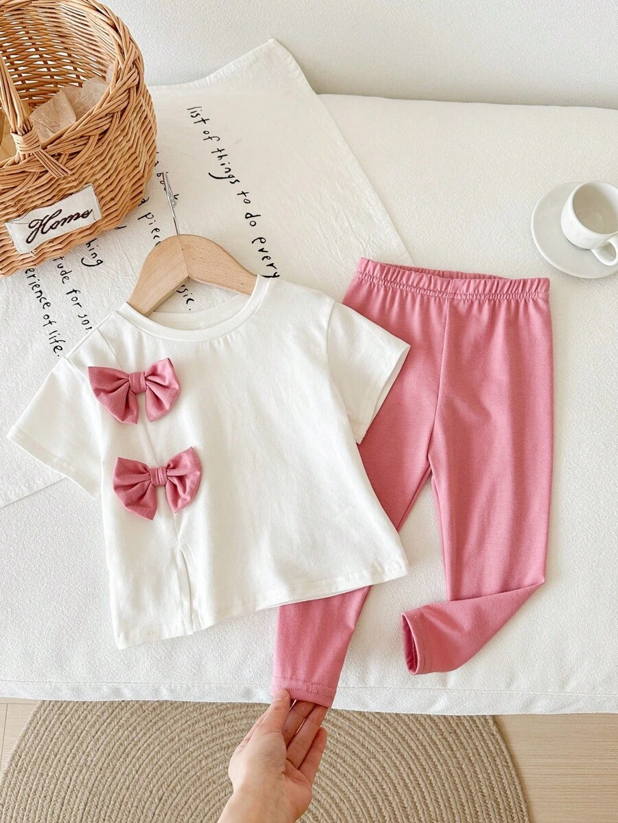 Baby Girl Cute Pink Bowknot Short Sleeve Top And Long Pants 2 Pieces Set, Summer - Multicolor - View 1