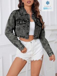 SHEIN ICON Distressed Washed Short Plain Front Button Long Sleeve Denim Jacket - Grey - View 6